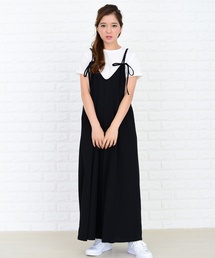 Lace Ladies オールインワン 肩ひもリボン付き サロペットワイド
