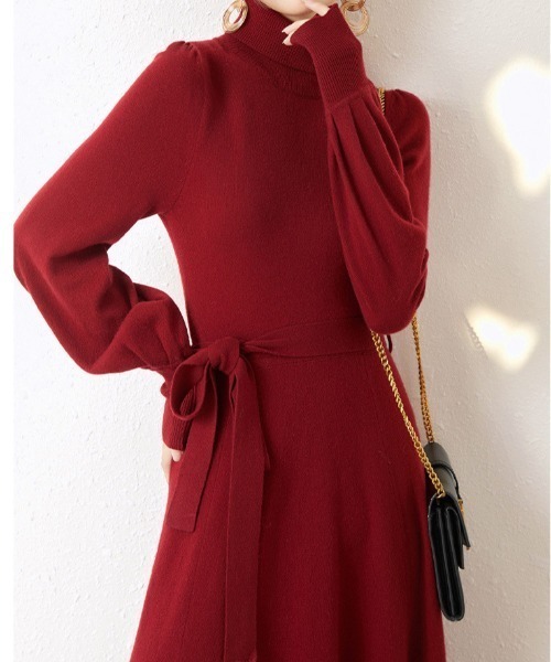 deux amour ワンピース タートルネックウエストベルトニットワンピ