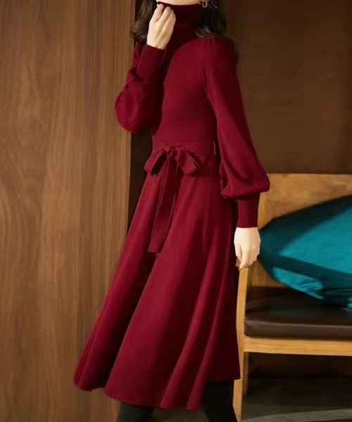 deux amour ワンピース タートルネックウエストベルトニットワンピ