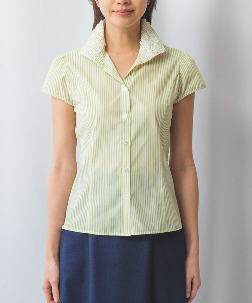 ナラカミーチェ（NARACAMICIE）/【NARACAMICIE】襟レース半袖ストライプシャツ NARACAMICIE（ナラカミーチェ） ブラウス シャツ 「NARACAMICIE」襟