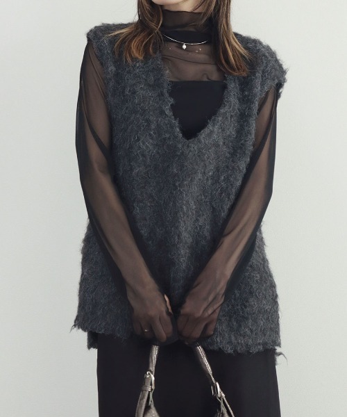 ニット セーター フラッフィーVネックニットベスト／fluffy Vneck knit vest ノースリーブ シャギー 起毛 ふわふわ もこもこ ニ