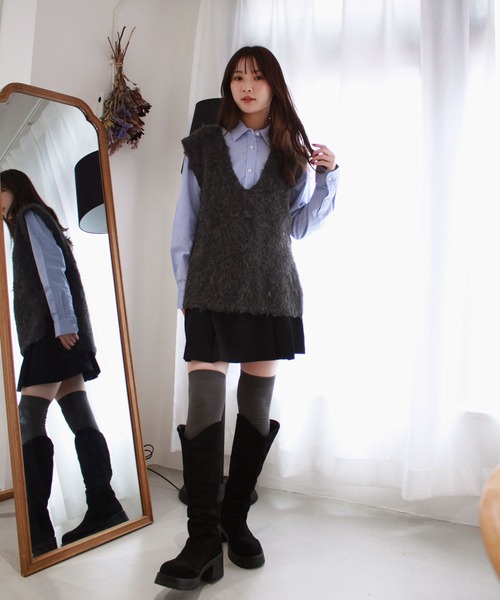 BLAMINK ネイビー ファー風 ノースリーブニットベスト セール】フラッフィーVネックニットベスト／fluffy Vneck knit vest