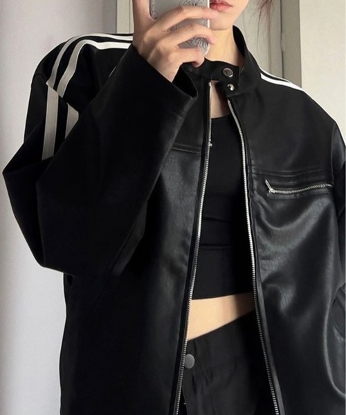 CANVAS+ レザージャケット ライダース 「CANVAS+」袖ラインシングル