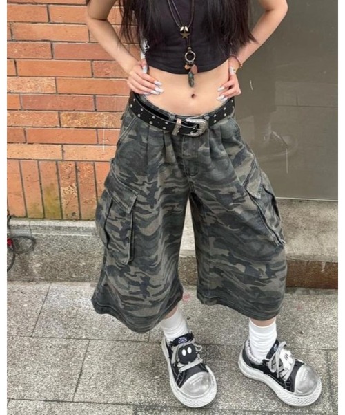 レディース デニム カーゴパンツ カモフラージュ 迷彩柄 ルーズ シルエット レディース デニム カーゴパンツ カモフラージュ 迷彩柄 ルーズ