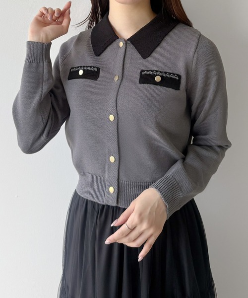 mipiarl カーディガン バイカラーゴールドボタンニット
