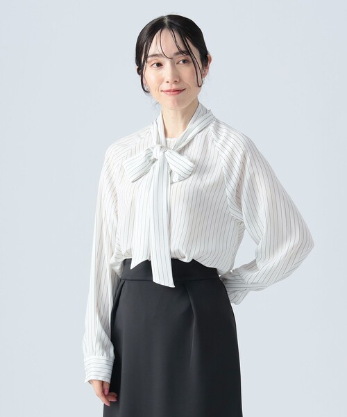 BEAMS HEART ブラウス シャツ ストライププリント ボウタイ
