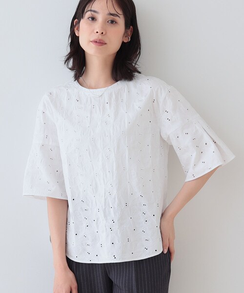 ブラウス シャツ 春SALE！「洗える」フラワーカット刺繍フレアスリーブブラウス レディース