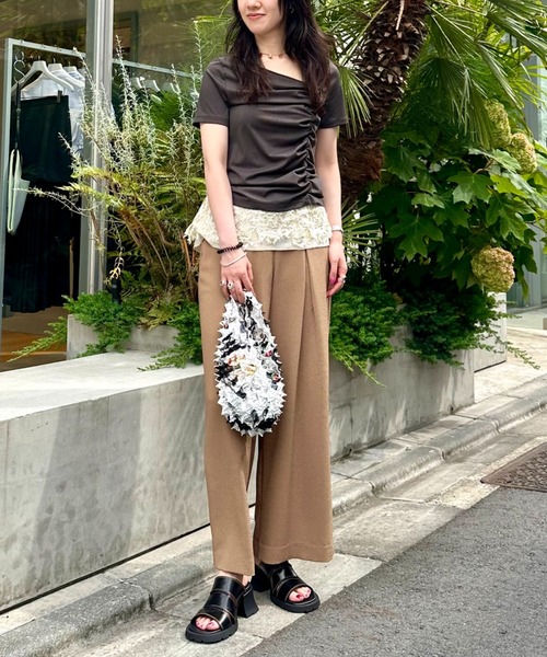 tシャツ アシンメトリーネックトップス レディース_4