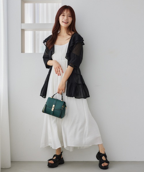 新品　mysty woman シャーリングブラウスキャミワンピース2P ブラック mysty woman｜シャーリングブラウスキャミワンピース2P