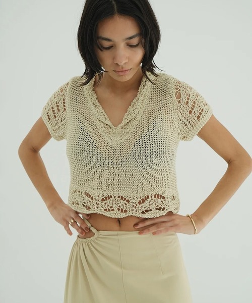 CLANE クラネ CROPPED CROCHET KNIT TOPS CROCHET CAMI KNIT TOPS 