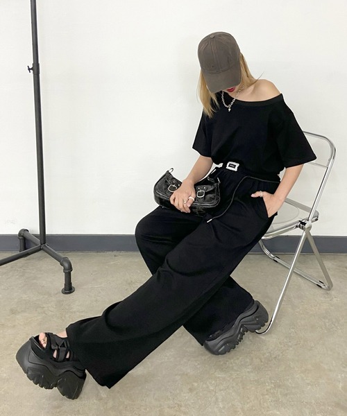 non-hedge セットアップ オフショルトップスワイドパンツセットアップ