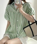 ブラウス シャツ 夏 半袖 ストライプ半袖シャ...の詳細画像3