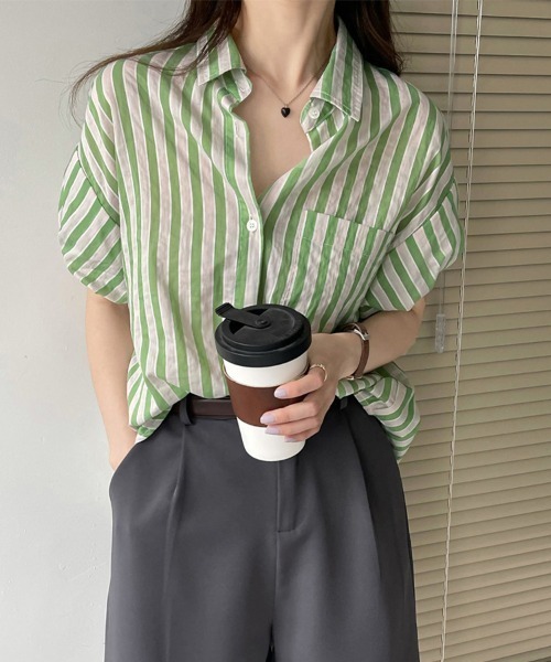 ブラウス シャツ 夏 半袖 ストライプ半袖シャツ レディース : ZOZOTOWN