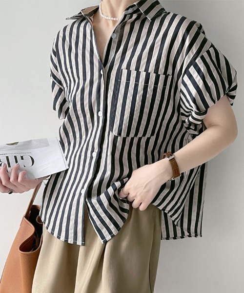 匿名発送　ストライプ 半袖シャツ ギャザー袖 新品タグ付き ブラウス シャツ 夏 半袖 ストライプ半袖シャツ レディース : ZOZOTOWN
