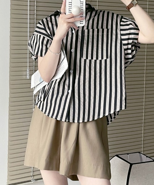 ブラウス シャツ 夏 半袖 ストライプ半袖シャツ レディース : ZOZOTOWN