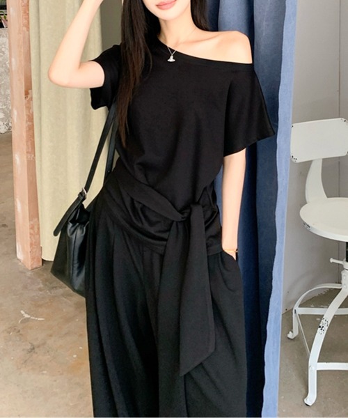tシャツ ルーズショルダーウエストストラップトップス レディース