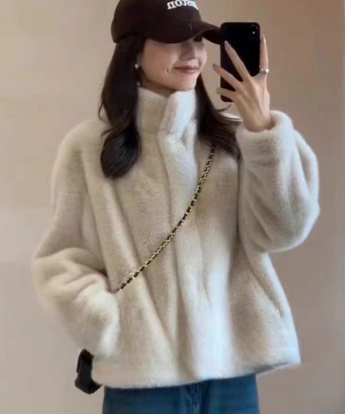 コート アウター フェイクファー ショート丈 スタンドカラーコート