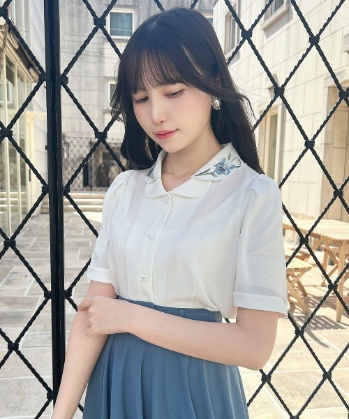 「an another angelus」 半袖シャツ FREE ホワイト×ブルー レディース_画像7