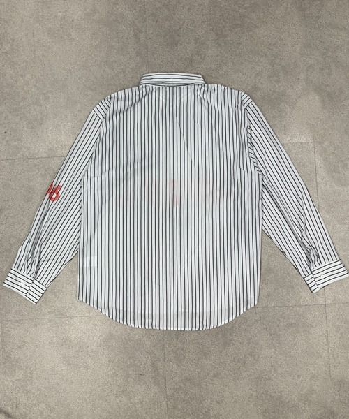 志尊着 同型【 VETEMENTS 】 ストライプ コットン シャツ M link lot シャツ ゲームデザインロゴプリントストライプシャツ メンズ
