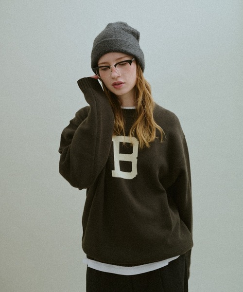 「BROKEN BASE」 長袖ニット MEDIUM カーキブラウン メンズ_画像9