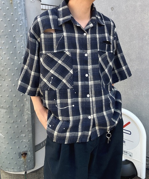 MandO（エムオー） シャツ ショート丈ダメージチェックシャツ メンズ