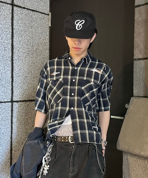 MandO（エムオー） シャツ ショート丈ダメージチェックシャツ メンズ