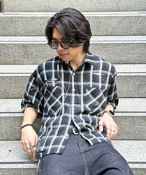【BLACK】ショートチェックシャツ MandO（エムオー） シャツ ショート丈ダメージチェックシャツ メンズ