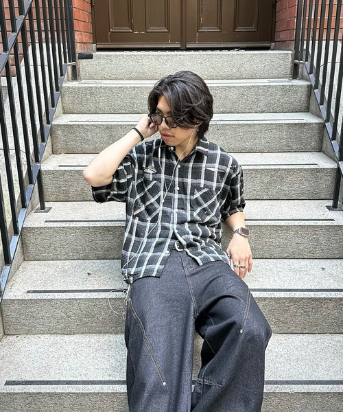 MandO（エムオー） シャツ 半袖 ショート丈ダメージチェックシャツ