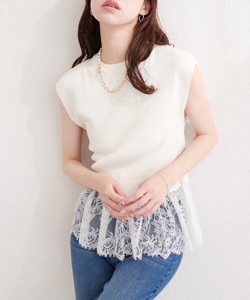 natural couture ニット セーター 裾レースフレンチスリーブニットプル