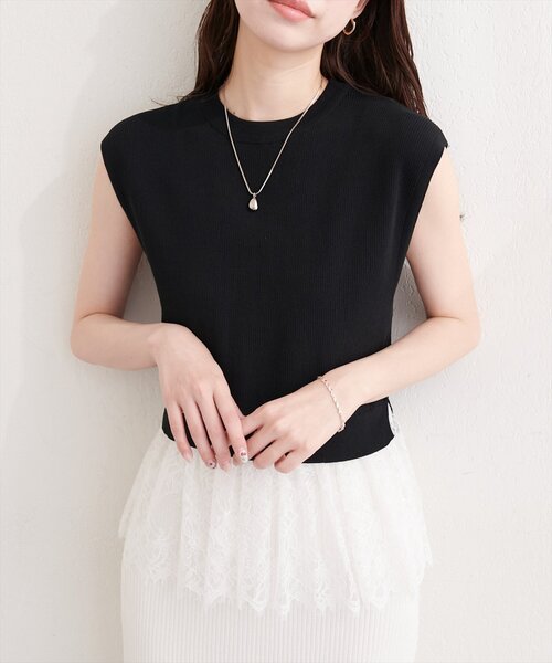 natural couture ニット セーター 裾レースフレンチスリーブニットプル