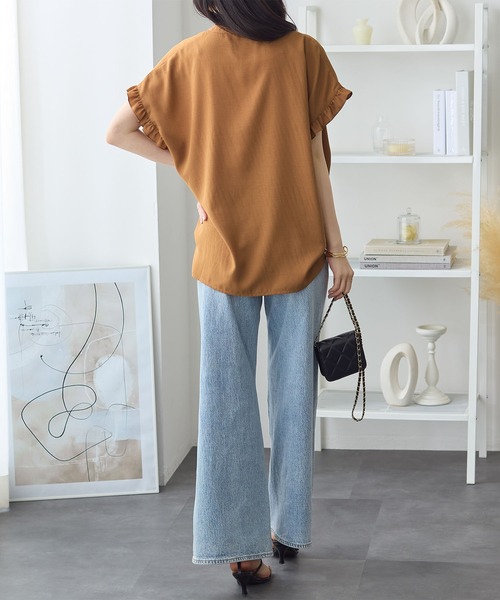 リネンシャツ ブラウス シャツ 夏 半袖 フリル使いサマーブラウス