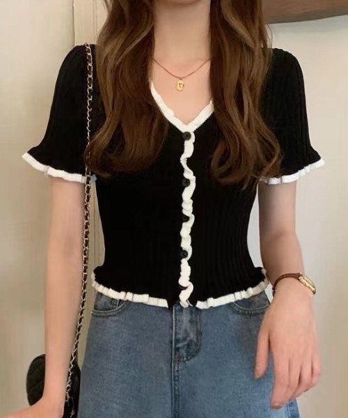 Sibra（シブラ） ニット セーター Vネックフリルニットトップス