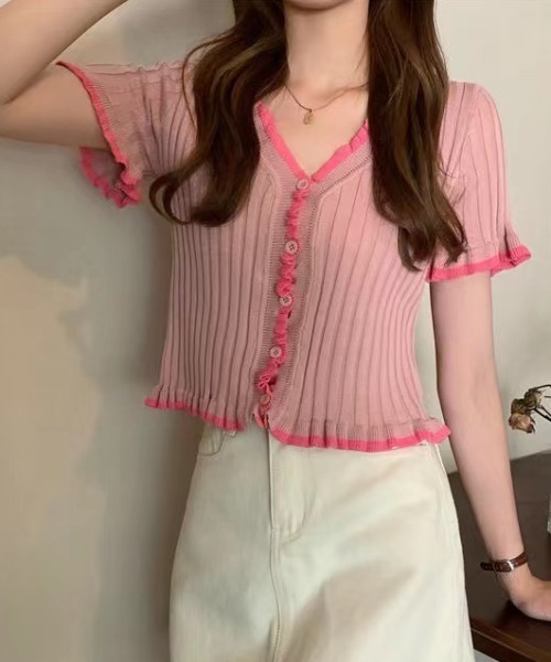 Sibra ニット セーター Vネックフリルニットトップス レディース  