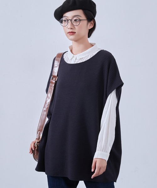ベスト ジレ On One's Own 畝織りニット風カットソー　チュニックベスト レディース On One's Own ベスト ジレ 畝織りニット風カットソー チュニック