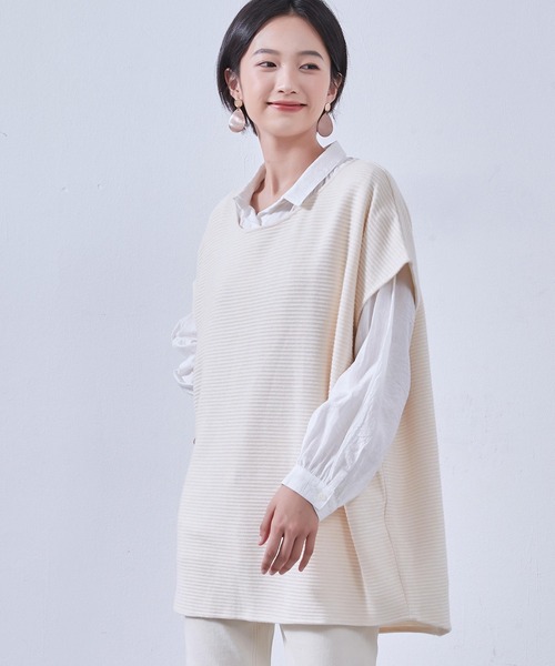 ベスト ジレ On One's Own 畝織りニット風カットソー　チュニックベスト レディース On One's Own ベスト ジレ 畝織りニット風カットソー チュニック