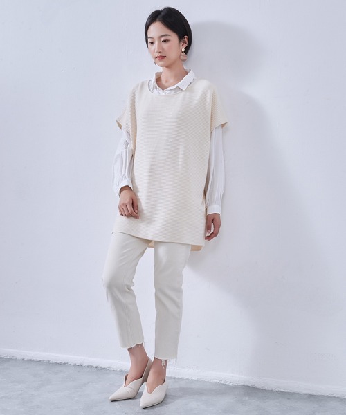 ベスト ジレ On One's Own 畝織りニット風カットソー　チュニックベスト レディース On One's Own ベスト ジレ 畝織りニット風カットソー チュニック