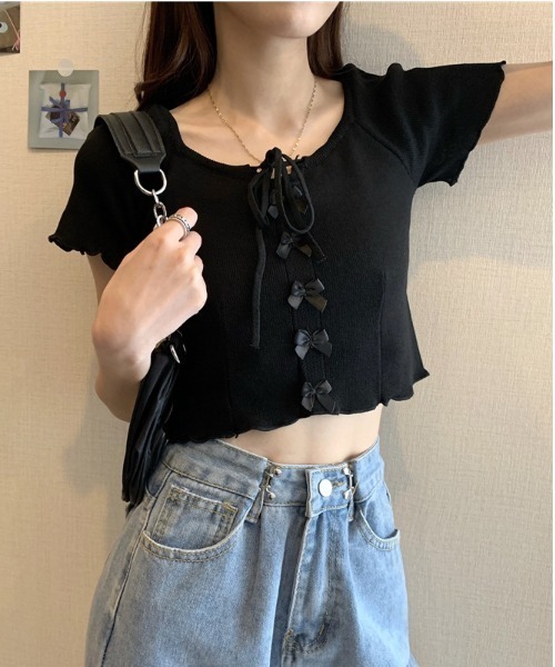 JAYRO tシャツ 前リボンクロップド丈サマーニットプルオーバー
