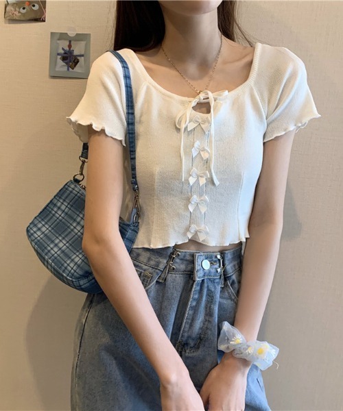 JAYRO tシャツ 前リボンクロップド丈サマーニットプルオーバー