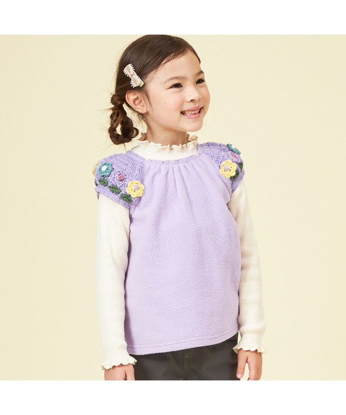KP ベスト 編み花付き袖ニットフリースベスト(80〜130) キッズ 子供服