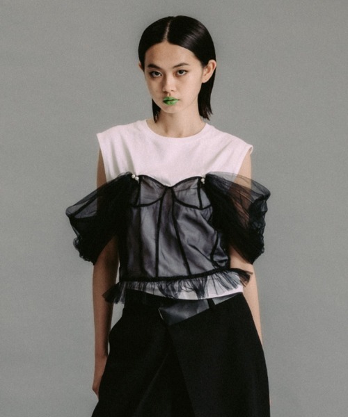 VIVIANO Sue archive ヴィヴィアーノ　フリルTシャツ 別注Tulle Layered T-shirt(FREE WHITE): VIVIANO: WOMENS
