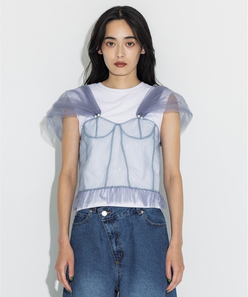 【新品未使用　試着のみ】VIVIANO チュールフリル付き青Tシャツ VIVIANO（ヴィヴィアーノ） tシャツ 「VIVIANO/ヴィヴィアーノ