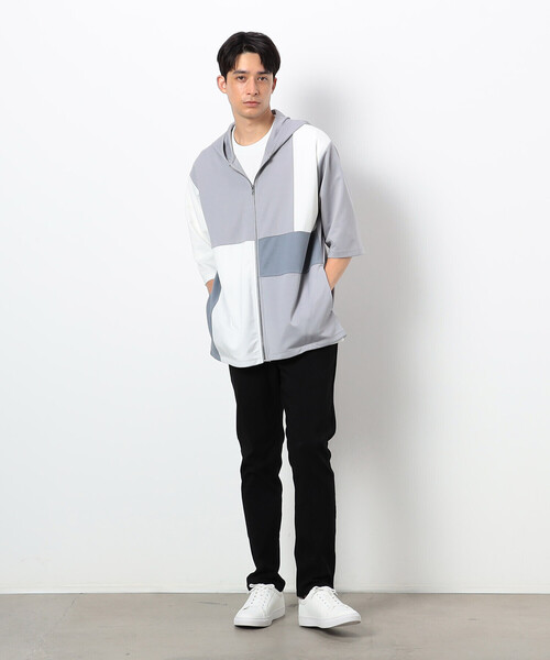 COMME CA ISM tシャツ カラーブロック パッチワーク ジップ