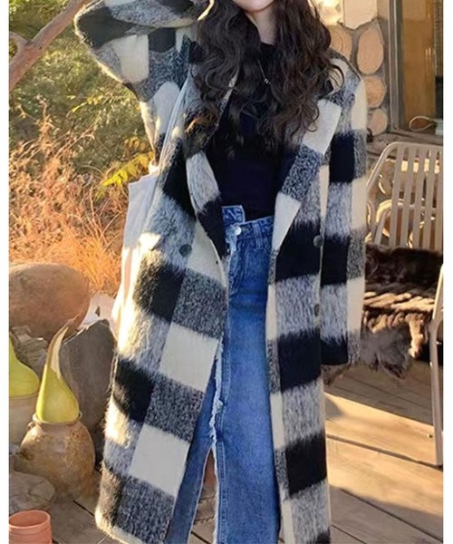 DSQUARED2 ロングピーコート メルトンウール ボア ブロックたチェック DSQUARED2 ロングピーコート メルトンウール ボア ブロックたチェック