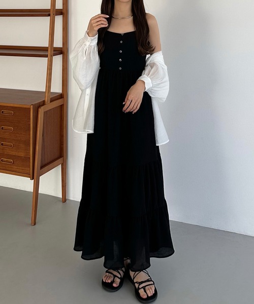 CARLA キャミワンピース ブラック ロング丈 callautia（カラウティア） ワンピース 楊柳ティアードキャミ