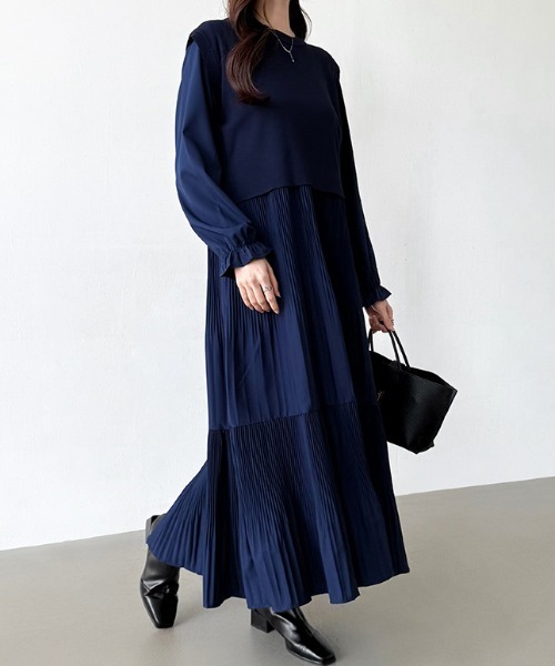 COCOMOMO ワンピース バックリボンベスト付き プリーツワンピース