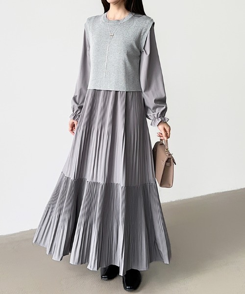 COCOMOMO ワンピース バックリボンベスト付き プリーツワンピース