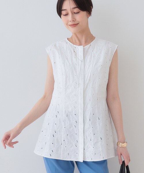 ブラウス シャツ 春SALE！「洗える」フラワーカット刺繍ノースリーブブラウス レディース