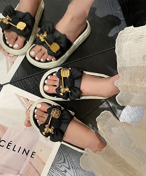 Lace Ladies スリッパ リボン メタル モチーフ フラット
