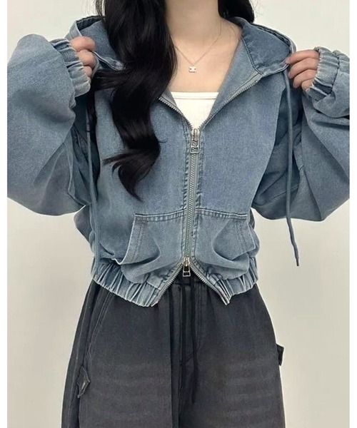 カシワのデニムの綿服の女冬の新型韓版のゆったりとした厚手の綿のコートnQ FUNdaysion デニムジャケット gジャン クロップド丈ダブルジップ