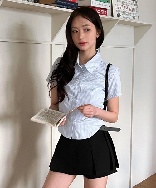 334 慈雨 ジウ 半袖 シャツ ブラウス トップス ストライプ by muni:r ブラウス シャツ ストライプ半袖シャツ レディース